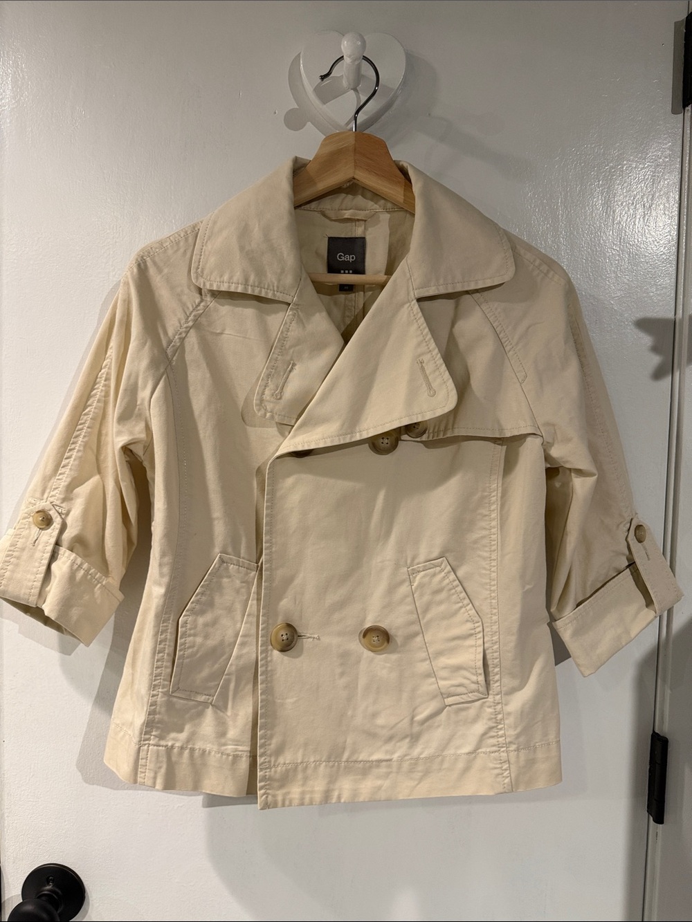 GAP Cream Double-Breasted Cropped CottonTrench Coat